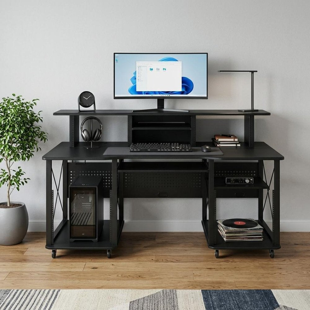 72" Black Wood and Metal Rolling Computer Desk HomeRoots