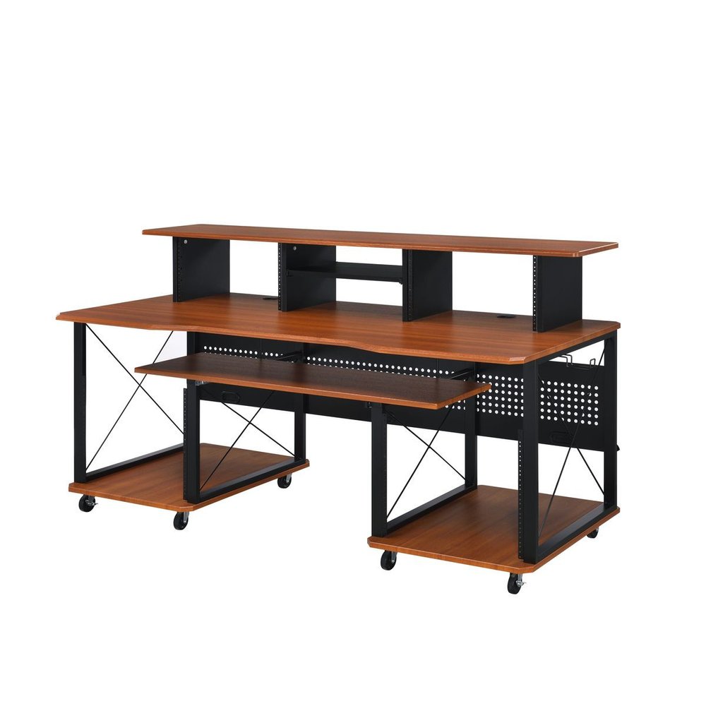 72" Brown and Black Wood and Metal Rolling Computer Desk HomeRoots