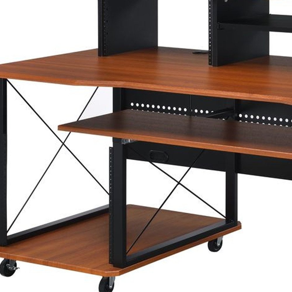 72" Brown and Black Wood and Metal Rolling Computer Desk HomeRoots