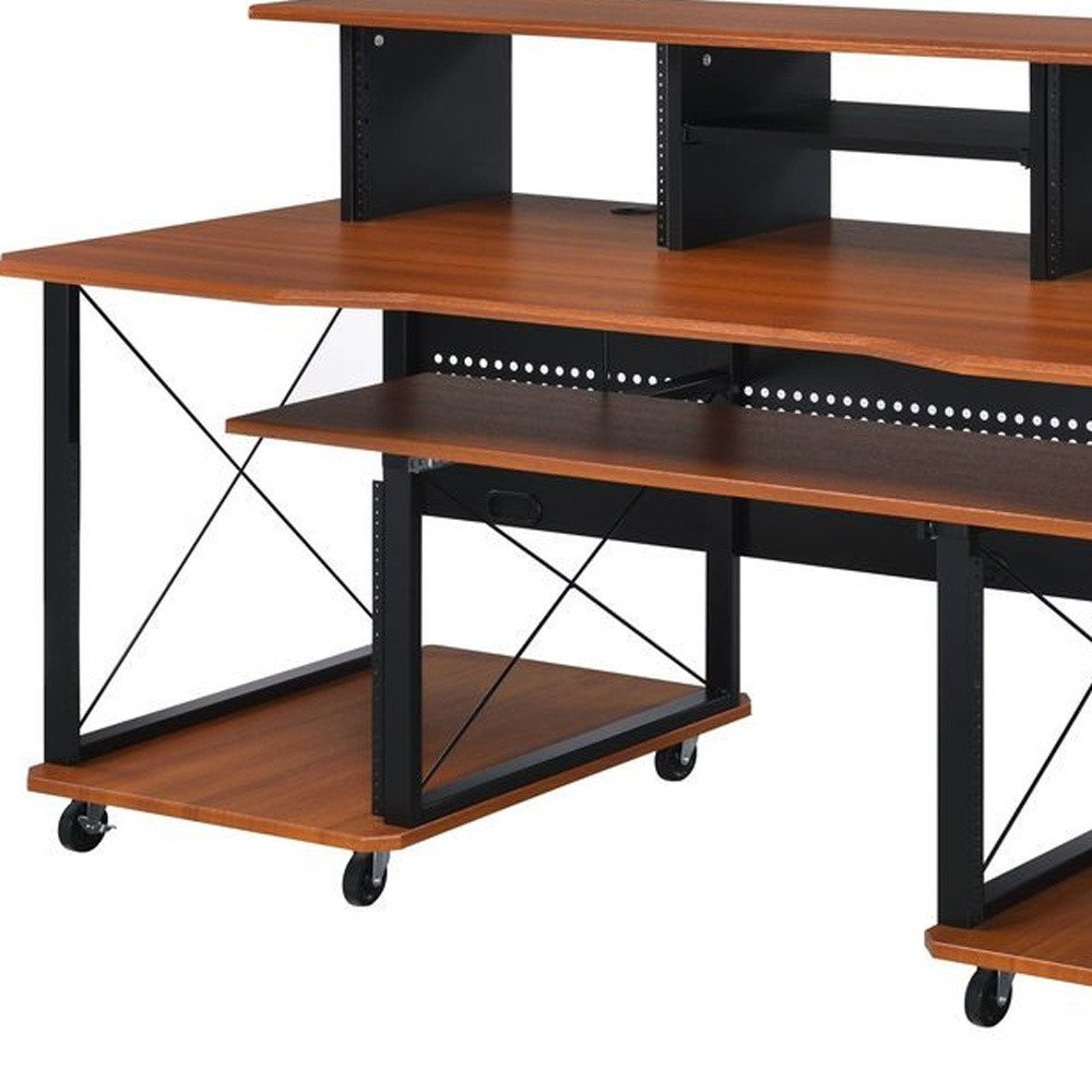 72" Brown and Black Wood and Metal Rolling Computer Desk HomeRoots