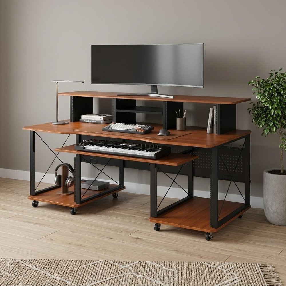 72" Brown and Black Wood and Metal Rolling Computer Desk HomeRoots