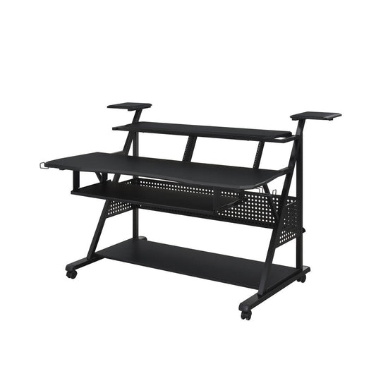 67" Black Wood and Metal Rolling Computer Desk HomeRoots