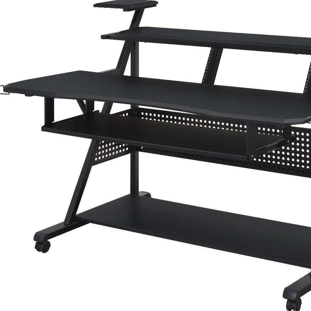 67" Black Wood and Metal Rolling Computer Desk HomeRoots