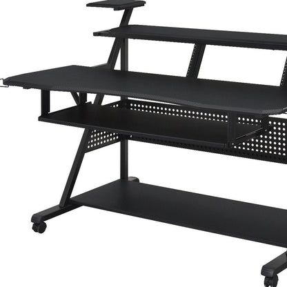 67" Black Wood and Metal Rolling Computer Desk HomeRoots