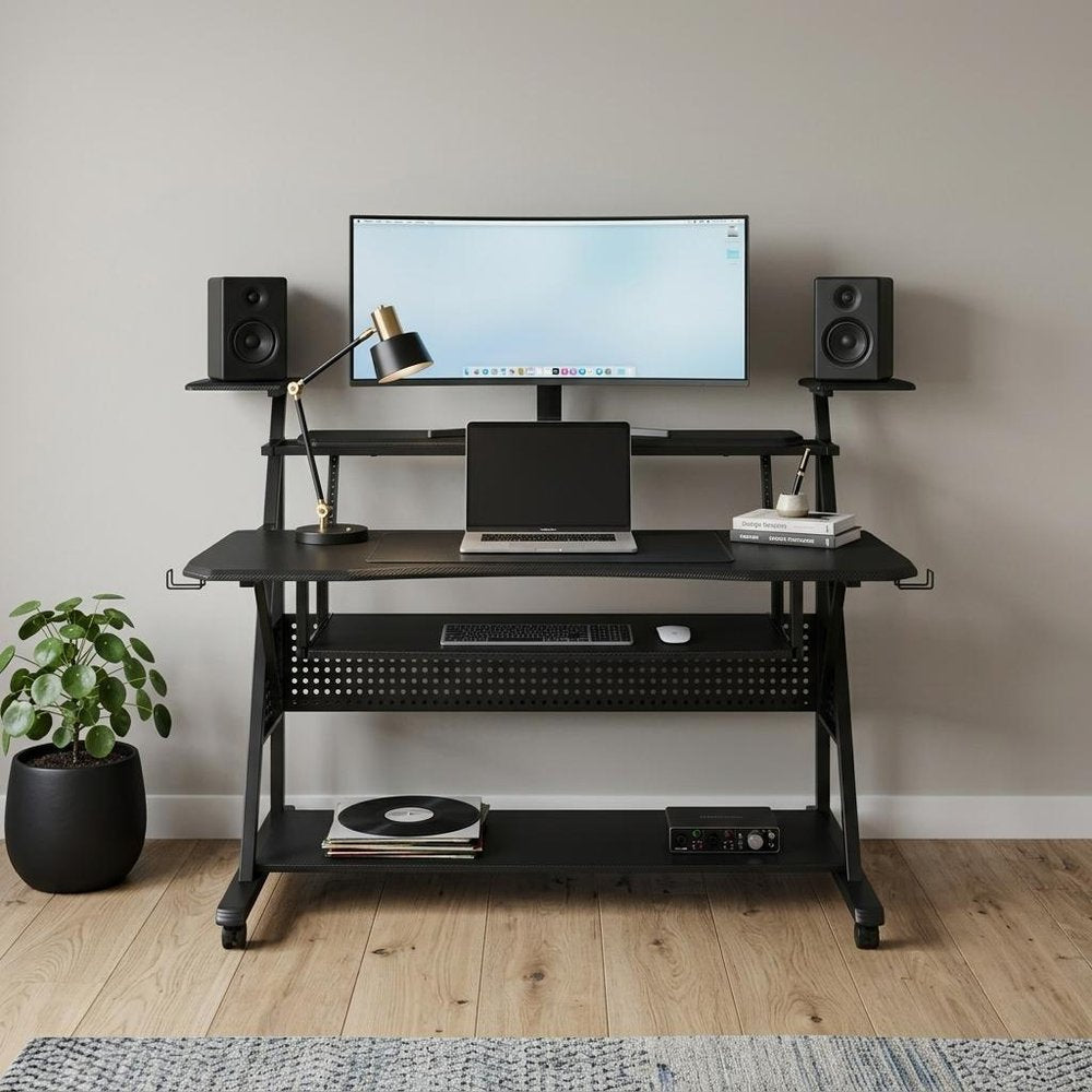 67" Black Wood and Metal Rolling Computer Desk HomeRoots