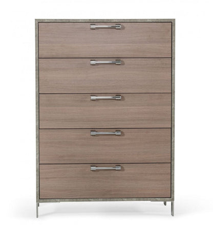 35" Brown Oak And Grey Solid And Manufactured Wood Five Drawer Chest HomeRoots