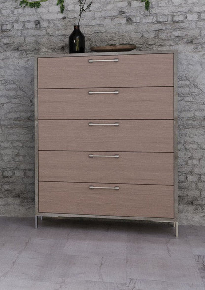 35" Brown Oak And Grey Solid And Manufactured Wood Five Drawer Chest HomeRoots