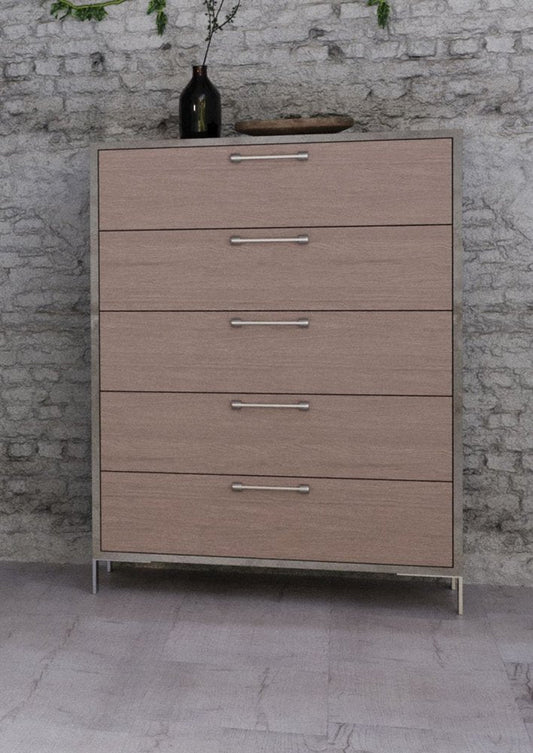35" Brown Oak And Grey Solid And Manufactured Wood Five Drawer Chest HomeRoots