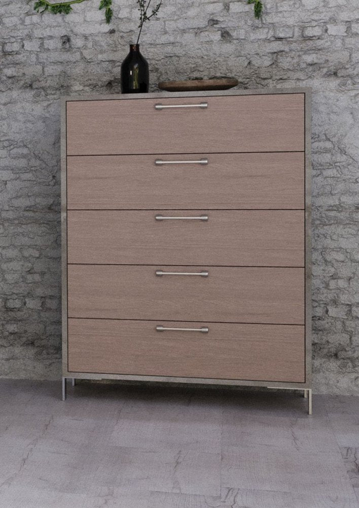 35" Brown Oak And Grey Solid And Manufactured Wood Five Drawer Chest HomeRoots