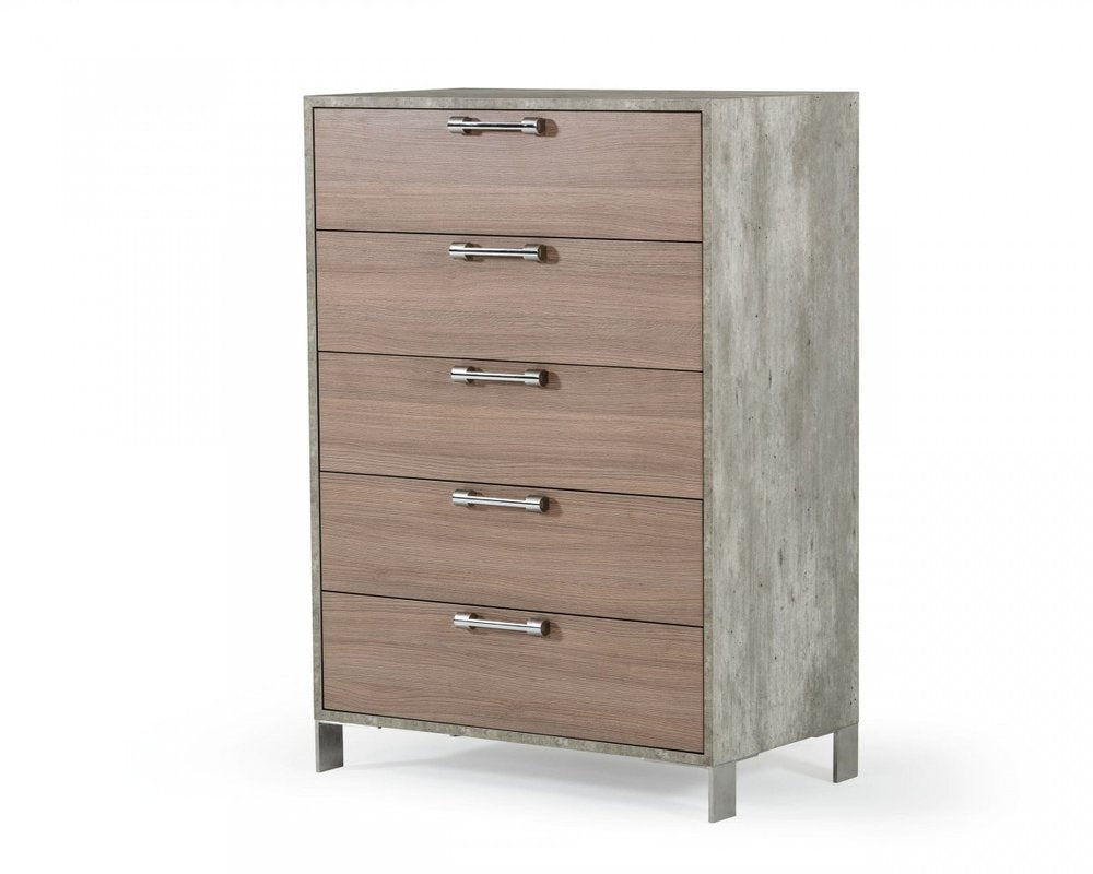 35" Brown Oak And Grey Solid And Manufactured Wood Five Drawer Chest HomeRoots