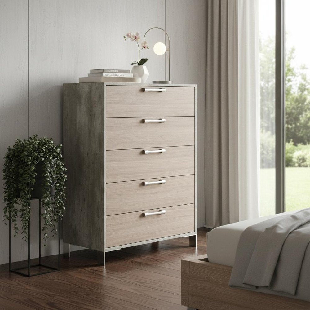 35" Brown Oak And Grey Solid And Manufactured Wood Five Drawer Chest HomeRoots