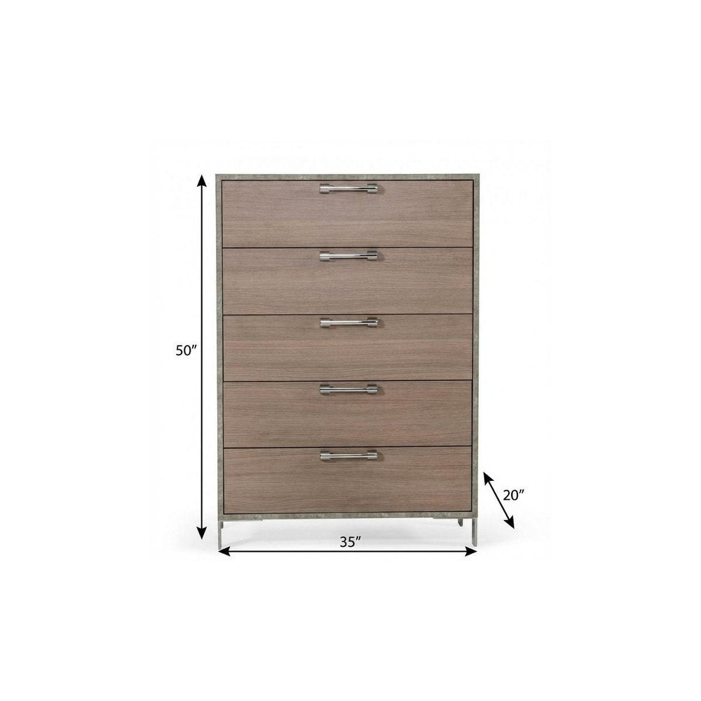 35" Brown Oak And Grey Solid And Manufactured Wood Five Drawer Chest HomeRoots