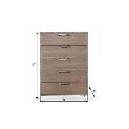 35" Brown Oak And Grey Solid And Manufactured Wood Five Drawer Chest HomeRoots