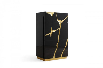30" Black And Gold Carved Abstract Wood Five Drawer Dresser HomeRoots