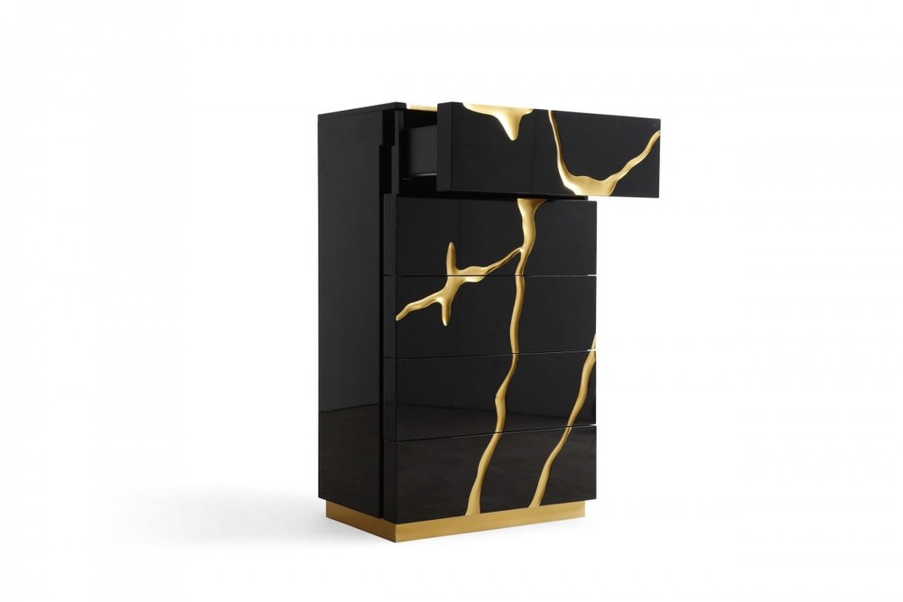 30" Black And Gold Carved Abstract Wood Five Drawer Dresser HomeRoots