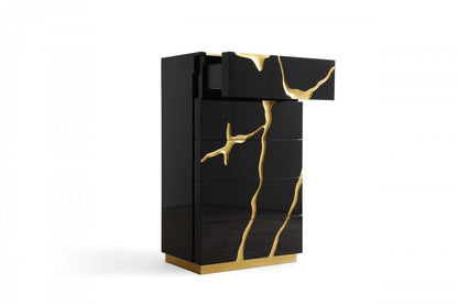 30" Black And Gold Carved Abstract Wood Five Drawer Dresser HomeRoots