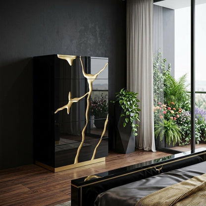 30" Black And Gold Carved Abstract Wood Five Drawer Dresser HomeRoots