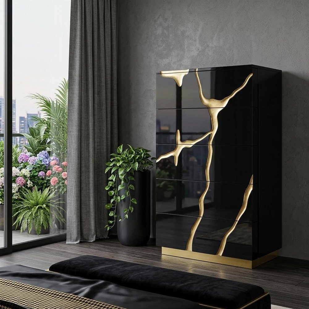 30" Black And Gold Carved Abstract Wood Five Drawer Dresser HomeRoots
