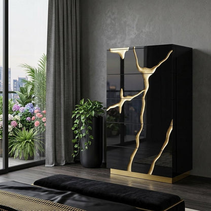 30" Black And Gold Carved Abstract Wood Five Drawer Dresser HomeRoots