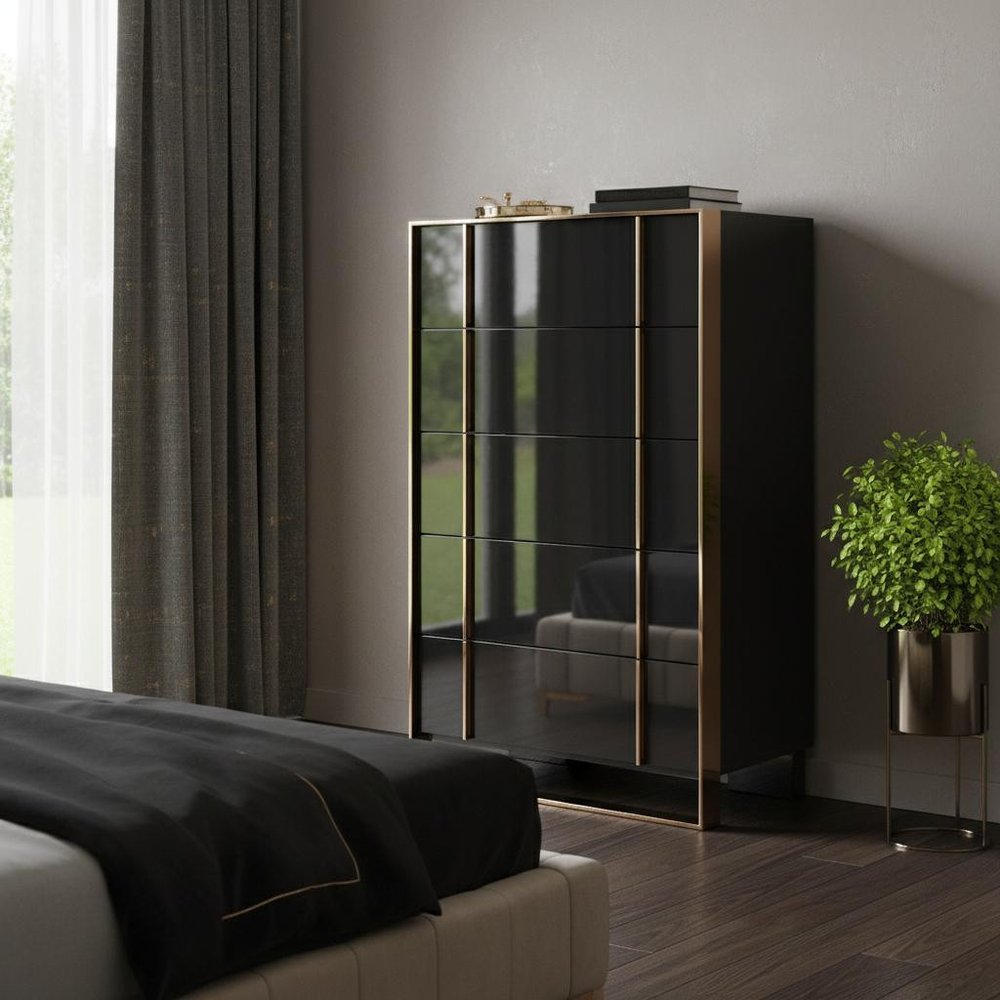 55" Black And Gold Solid Wood Six Drawer Double Dresser HomeRoots