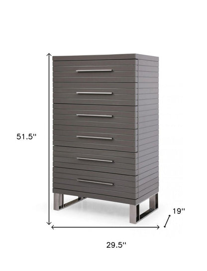 30" Grey Manufactured Wood + Solid Wood Stainless Steel Six Drawer Chest HomeRoots
