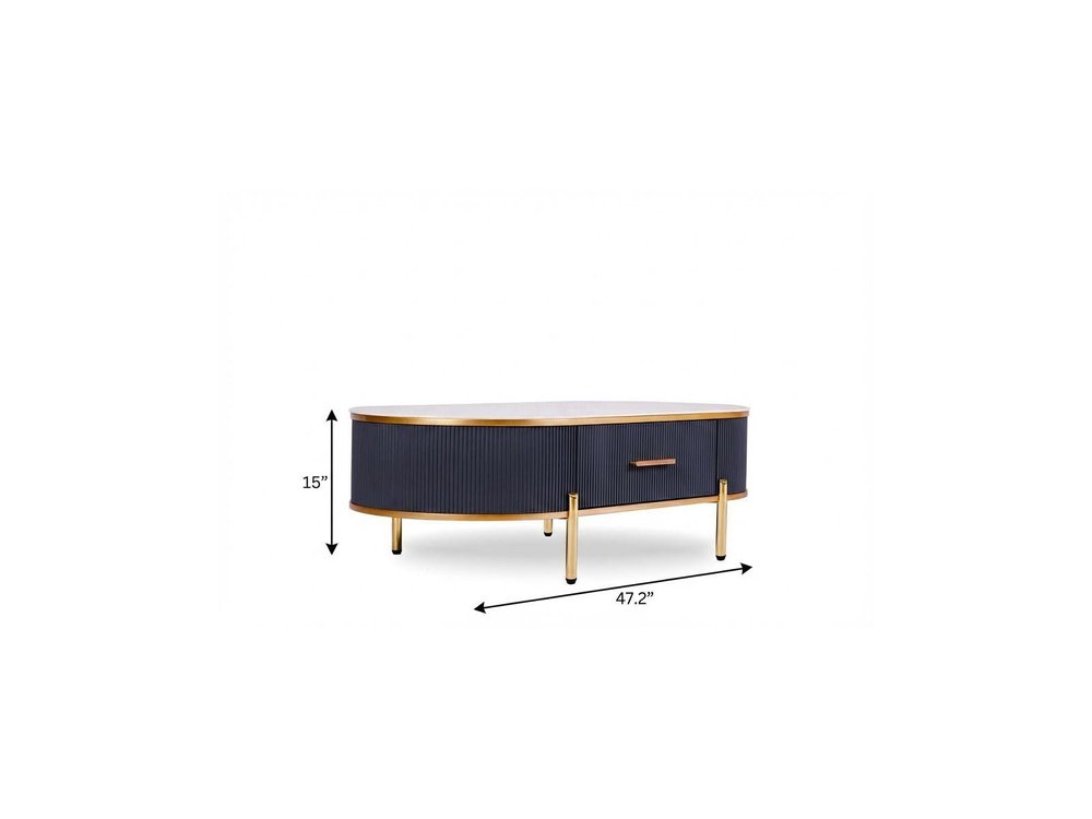 47" White And Gold Stone And Stainless Steel Oval Coffee Table With Drawer HomeRoots