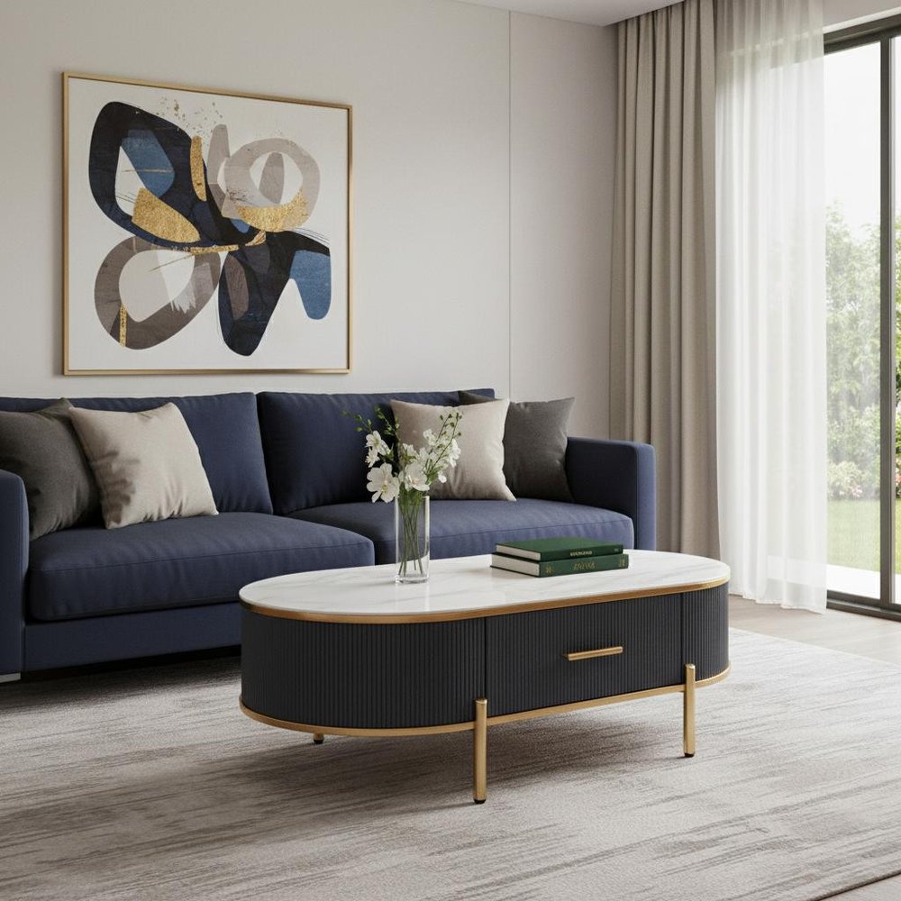 47" White And Gold Stone And Stainless Steel Oval Coffee Table With Drawer HomeRoots