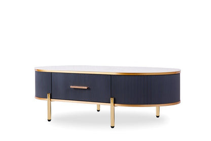 47" White And Gold Stone And Stainless Steel Oval Coffee Table With Drawer HomeRoots