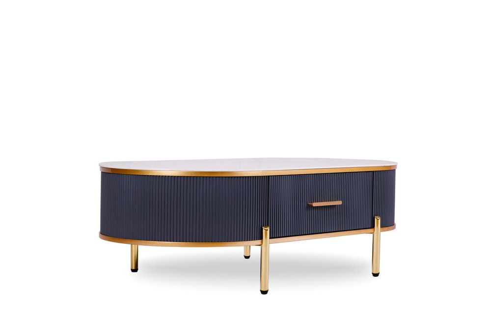 47" White And Gold Stone And Stainless Steel Oval Coffee Table With Drawer HomeRoots