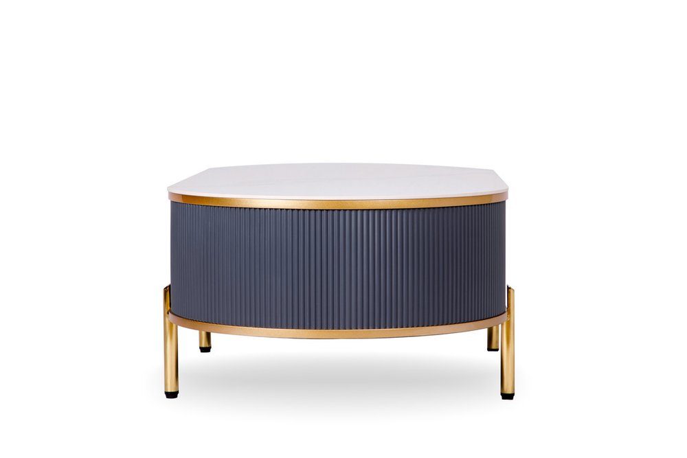 47" White And Gold Stone And Stainless Steel Oval Coffee Table With Drawer — view 3