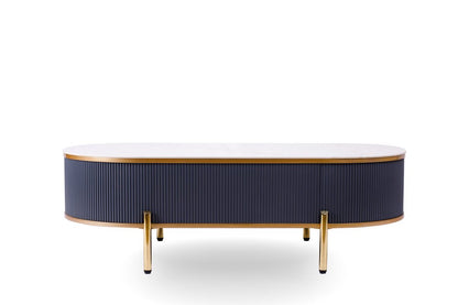 47" White And Gold Stone And Stainless Steel Oval Coffee Table With Drawer HomeRoots