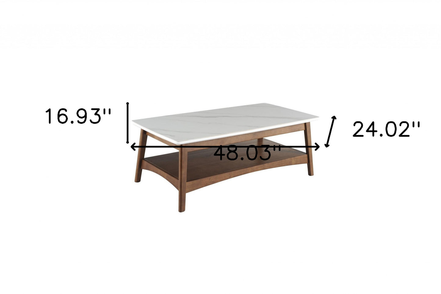 48" Walnut And White Stone Rectangular Coffee Table With Shelf