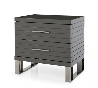 23" Silver And Gray Stainless Steel Solid and Manufactured Wood Two Drawer Nightstand HomeRoots