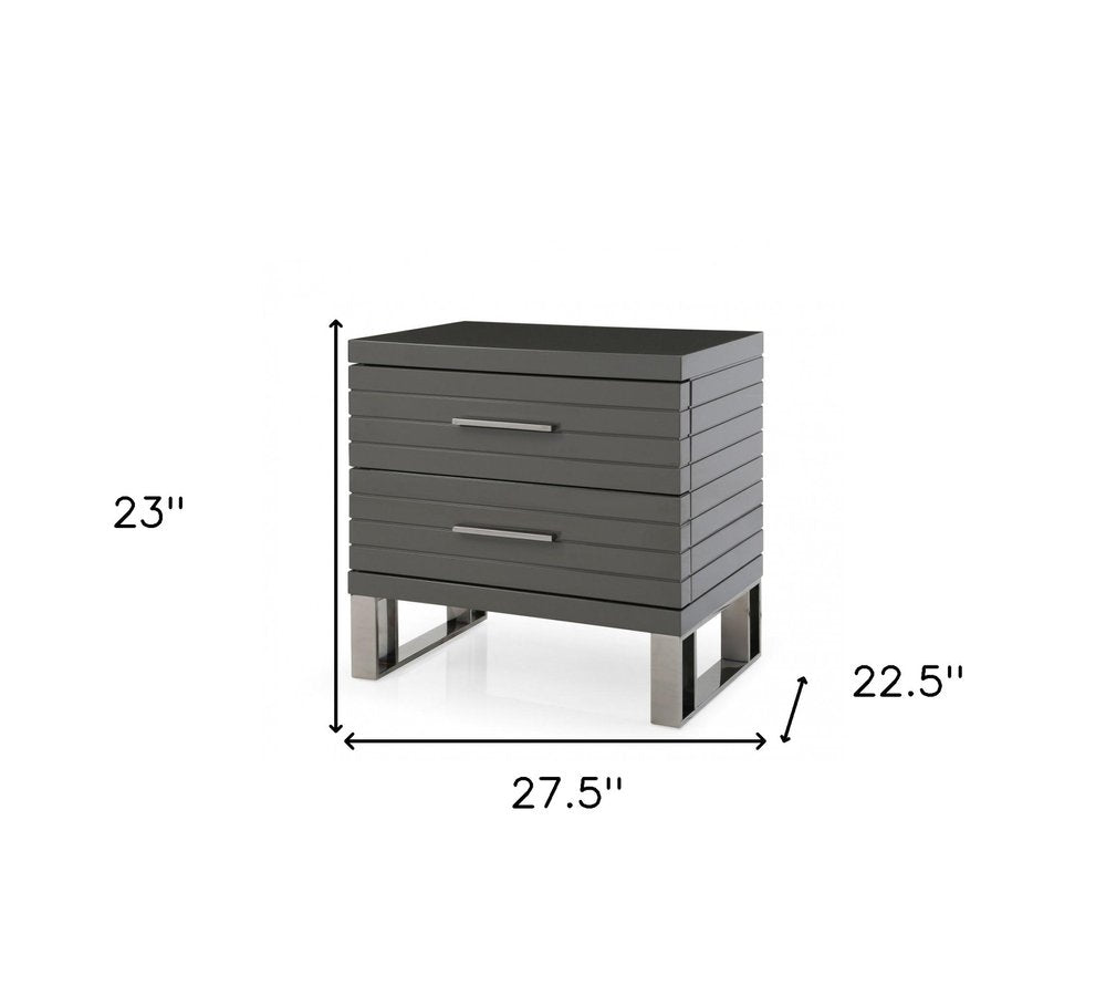 23" Silver And Gray Stainless Steel Solid and Manufactured Wood Two Drawer Nightstand HomeRoots