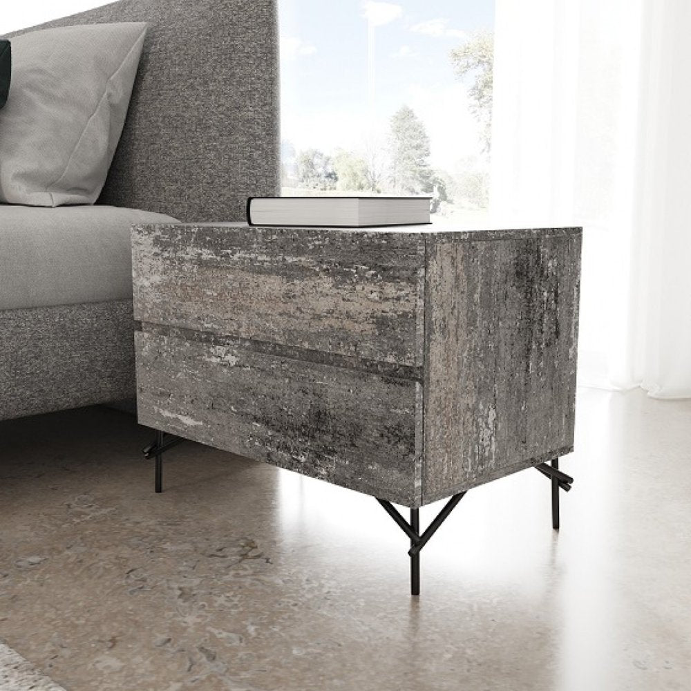 21" Gray Iron and Wood Two Drawer Nightstand HomeRoots