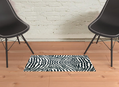 2' X 3' Black and White Zebra Print Shag Handmade Non Skid Area Rug - 48.0" (L) x 72.0" (W) x 1.0" (H)