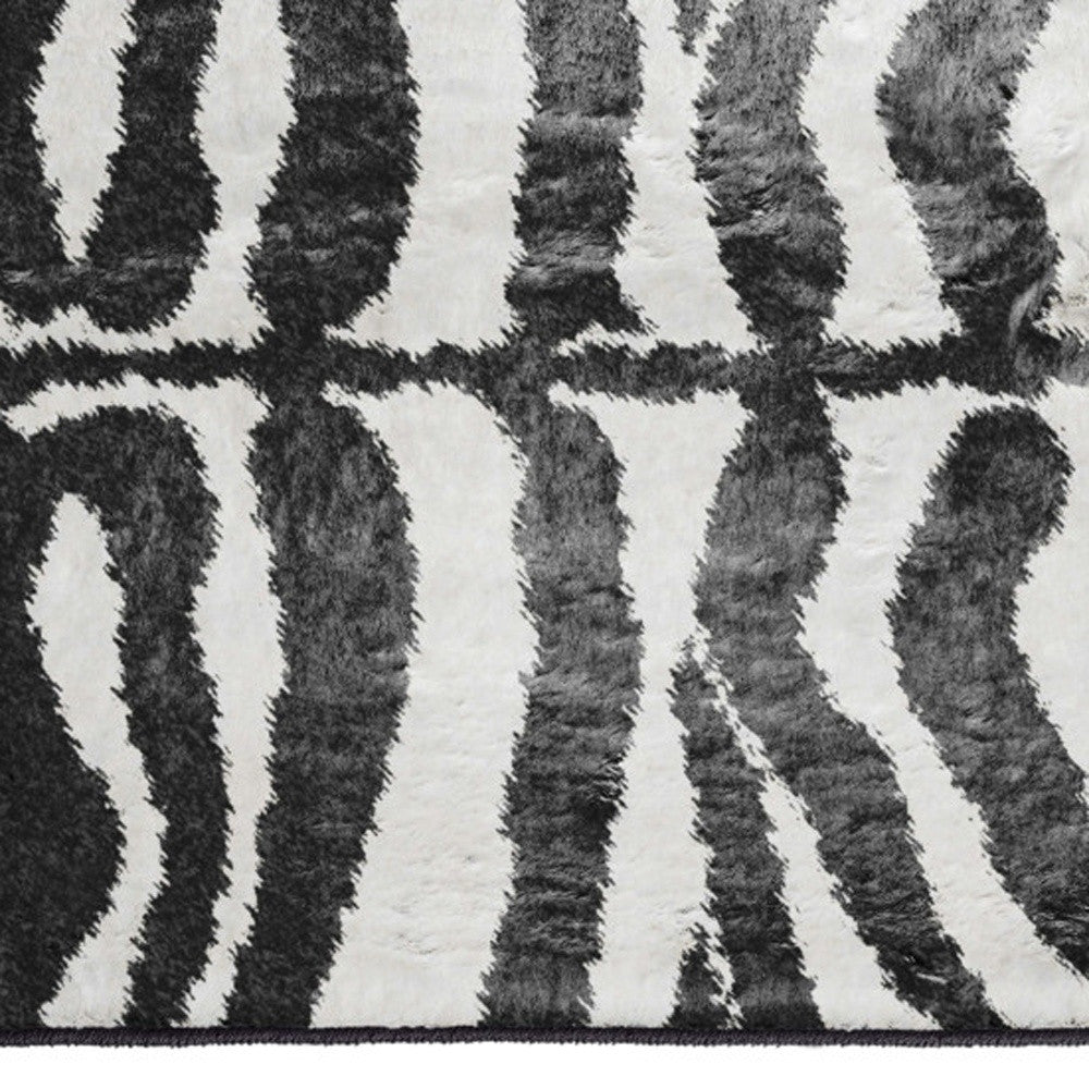 2' X 3' Black and White Zebra Print Shag Handmade Non Skid Area Rug - 48.0" (L) x 72.0" (W) x 1.0" (H)