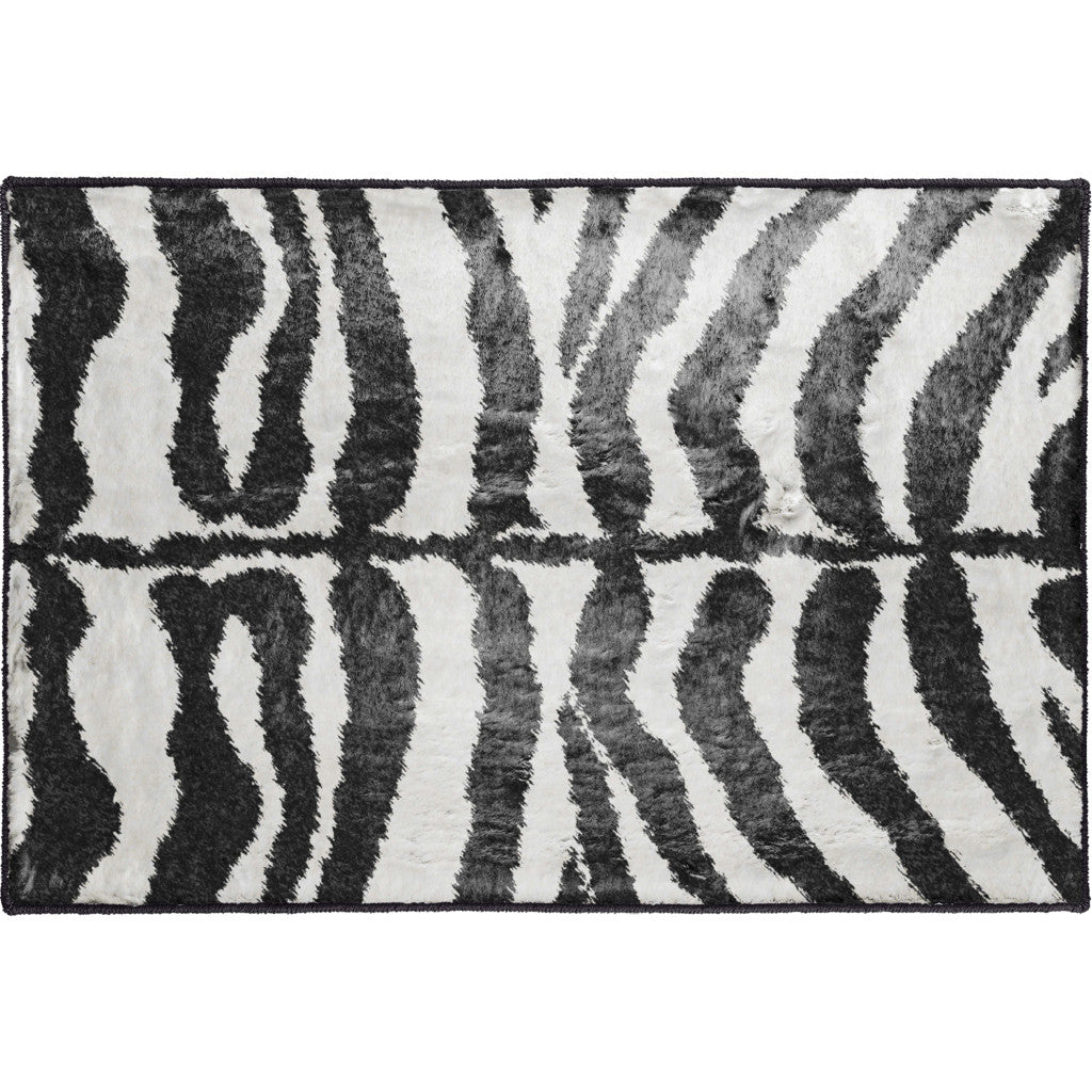 2' X 3' Black and White Zebra Print Shag Handmade Non Skid Area Rug - 48.0" (L) x 72.0" (W) x 1.0" (H)