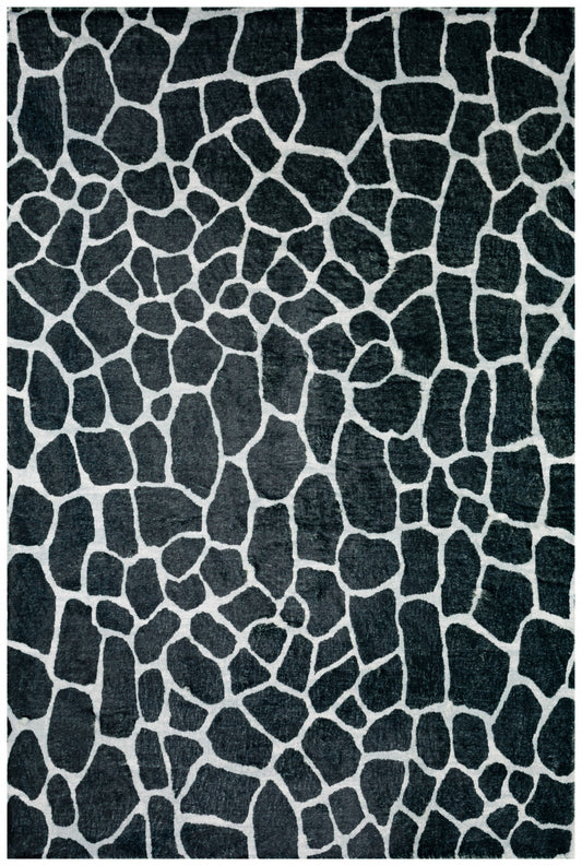 2' X 3' Black and White Croc Print Shag Handmade Non Skid Area Rug - 48.0" (L) x 72.0" (W) x 1.0" (H)