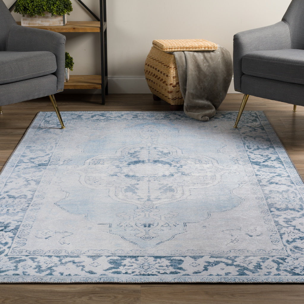 3' X 5' Blue Oriental Distressed Non Skid Area Rug