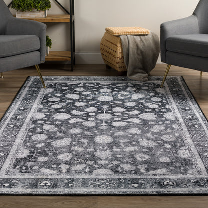 3' X 5' Black Oriental Distressed Non Skid Area Rug