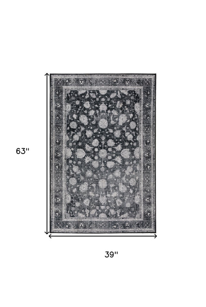 3' X 5' Black Oriental Distressed Non Skid Area Rug