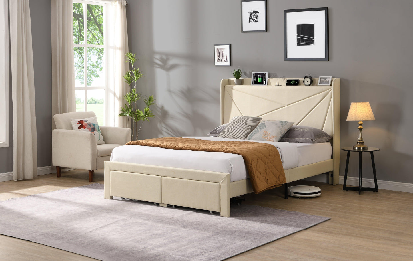 Full Size Bed Frame with 2 Storage Drawers Upholstered Bed Frame Beige - FurniFindUSA