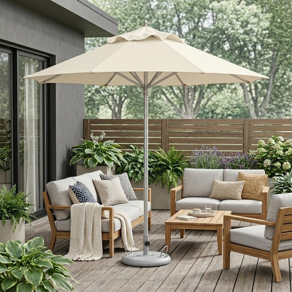 10' Ecru Polyester Round Tilt Cantilever Patio Umbrella with Stand HomeRoots