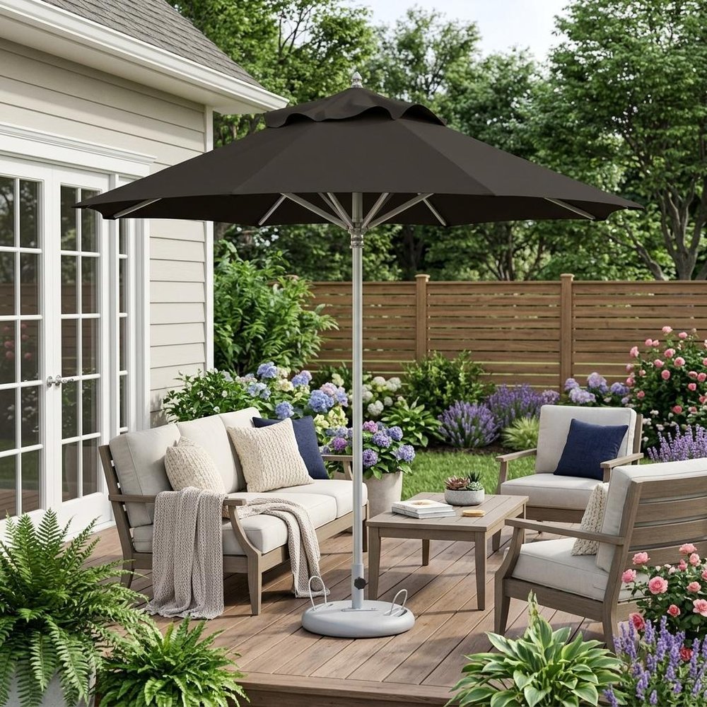 10' Black Polyester Round Market Patio Umbrella HomeRoots