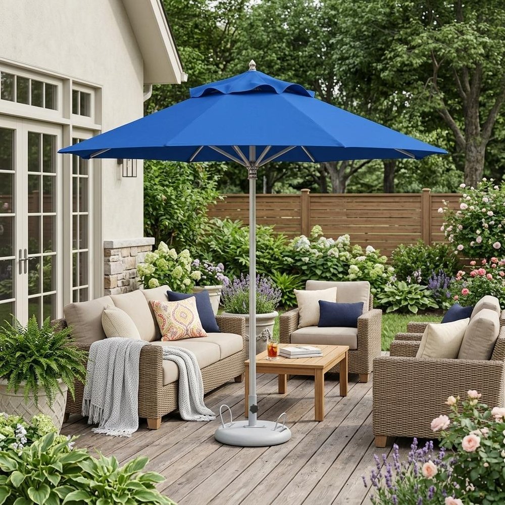 10' Blue Polyester Round Tilt Cantilever Patio Umbrella with Stand HomeRoots