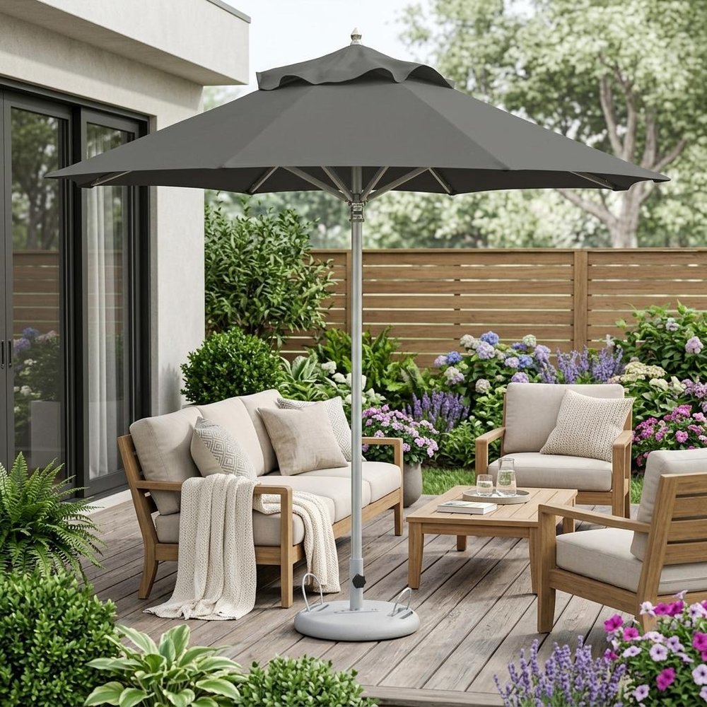 10' Charcoal Polyester Round Tilt Cantilever Patio Umbrella with Stand HomeRoots