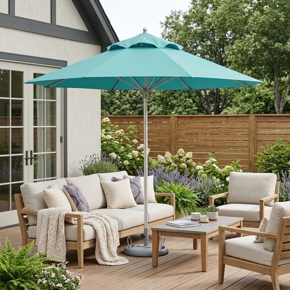 10' Aqua Polyester Round Tilt Cantilever Patio Umbrella with Stand HomeRoots