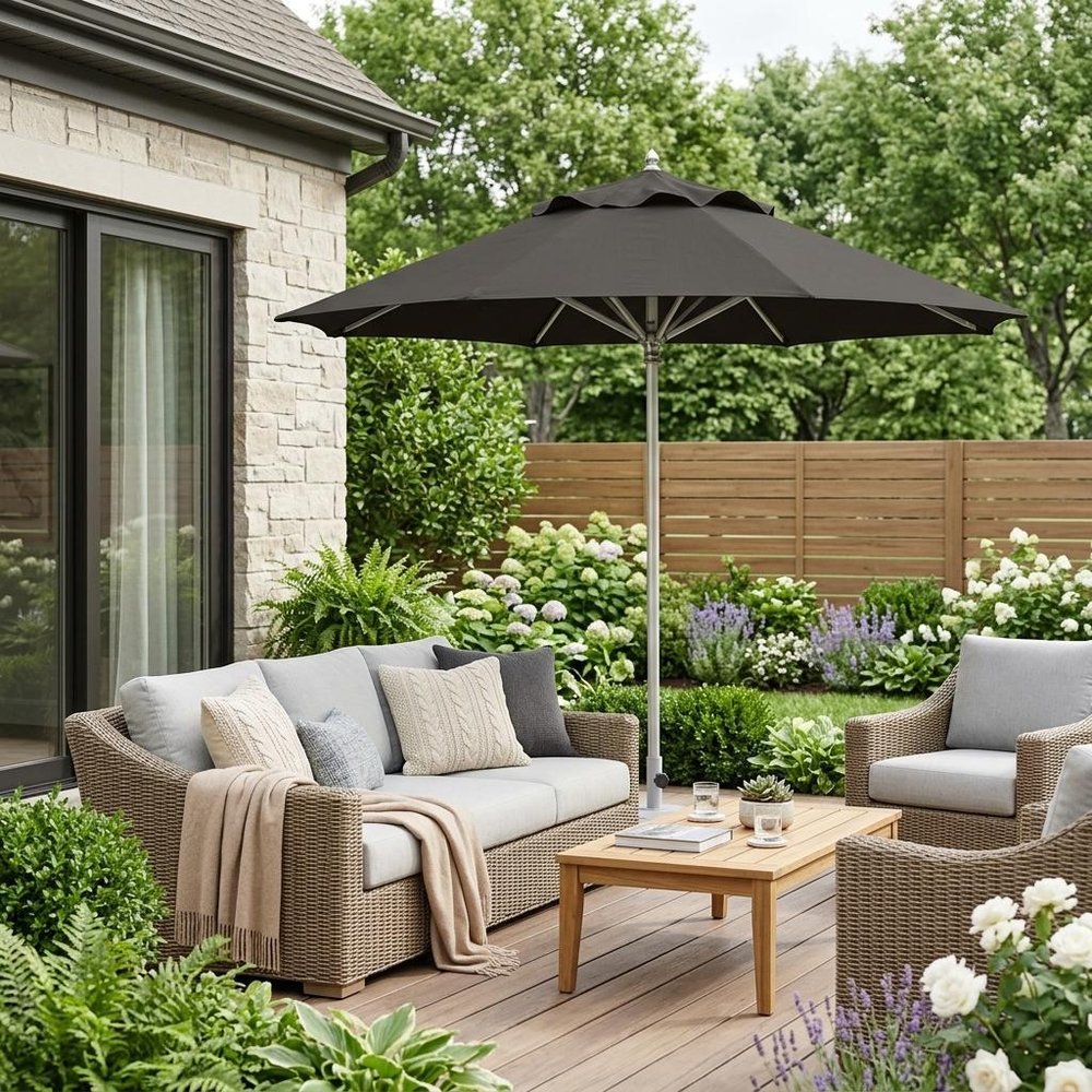 13' Black Polyester Round Tilt Cantilever Patio Umbrella with Stand — view 5