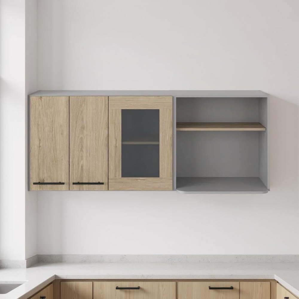 24" Gray and Natural Wood Wall Mounted Kitchen Cabinet With Three Doors HomeRoots